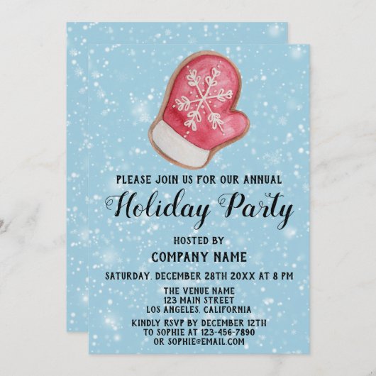 Bedrijf Holiday Party Red & White Mitten Blue Snow Kaart (Voorkant / Achterkant)