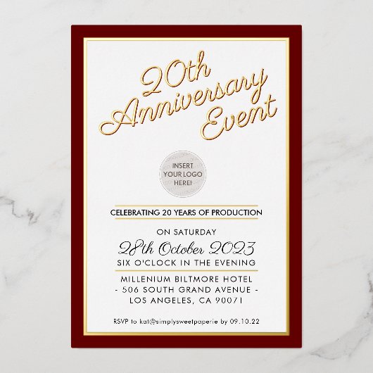 BEDRIJF JUBILEUM PARTY modern logo maroon goud Folie Uitnodiging (Voorkant)