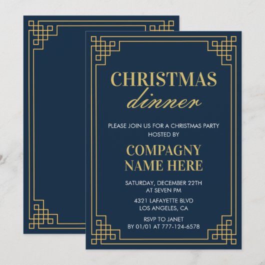 Bedrijf Kerstfeest Diner Navy Gold Kaart (Voorkant / Achterkant)