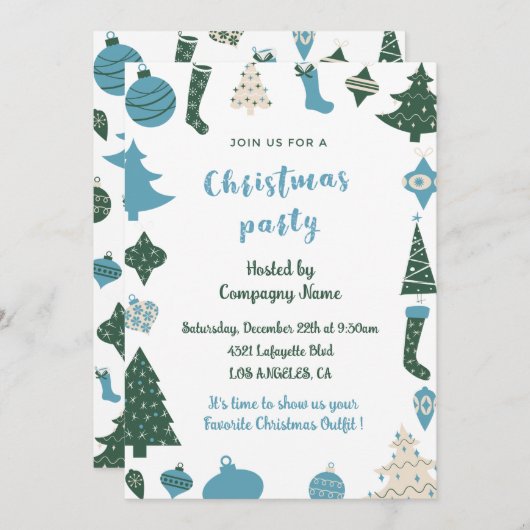 Bedrijf Kerstfeest Nodig Schattige groen blauw uit Kaart (Voorkant / Achterkant)