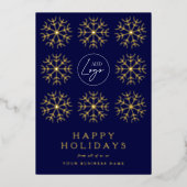 Bedrijf Logo Christmas Snowflakes Navy & Gold Folie Feestdagenkaart (Voorkant)