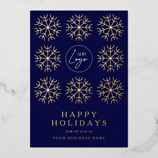 Bedrijf Logo Christmas Snowflakes Navy & Gold Folie Feestdagenkaart (Voorkant)