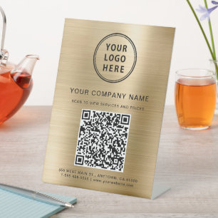 Bedrijf Logo Creëer Uw QR-code Gold Reclamebord Met Voetstuk