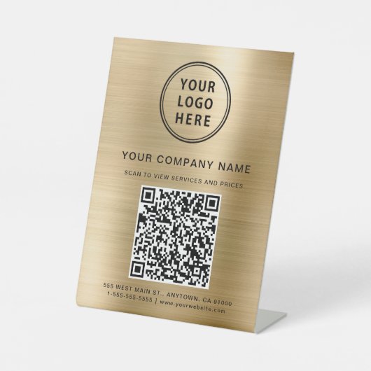 Bedrijf Logo Creëer Uw QR-code Gold Reclamebord Met Voetstuk (Voorkant)