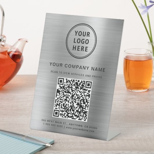 Bedrijf Logo Creëer Uw QR-code Silver Reclamebord Met Voetstuk (Insitu)