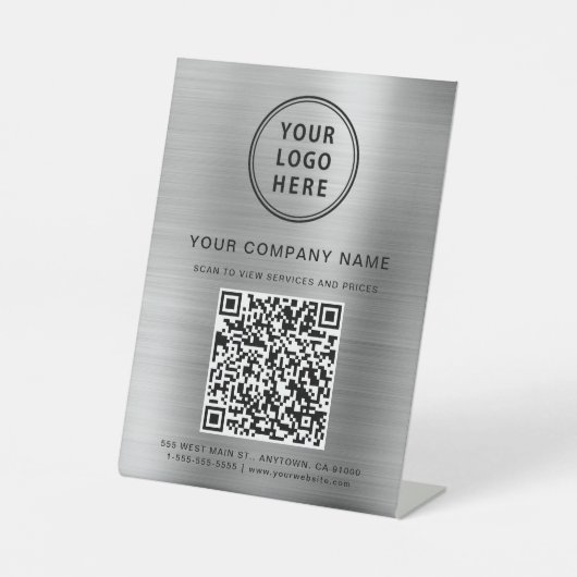 Bedrijf Logo Creëer Uw QR-code Silver Reclamebord Met Voetstuk (Voorkant)