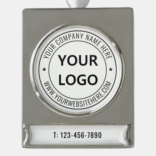 Bedrijf Logo en Tekst Kerst Ornament Sjabloon Verzilverd Banner Ornament (Voorkant)