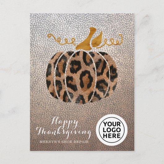 Bedrijf Logo Happy Thanksgiving Leopard Pumpkin Feestdagenkaart (Voorkant)