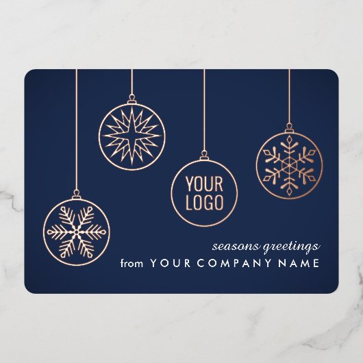 Bedrijf Logo Kerst Ornamenten Navy Blue Unique Folie Feestdagenkaart (Voorkant)