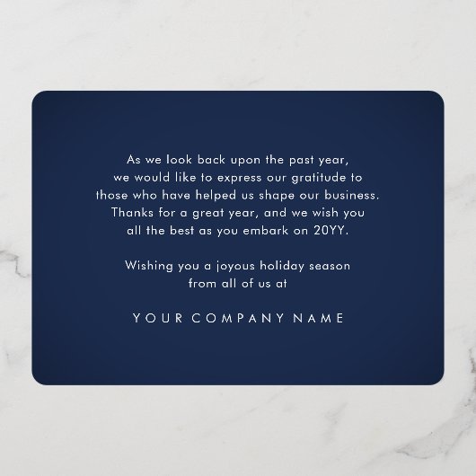 Bedrijf Logo Kerst Ornamenten Navy Blue Unique Folie Feestdagenkaart (Achterkant)