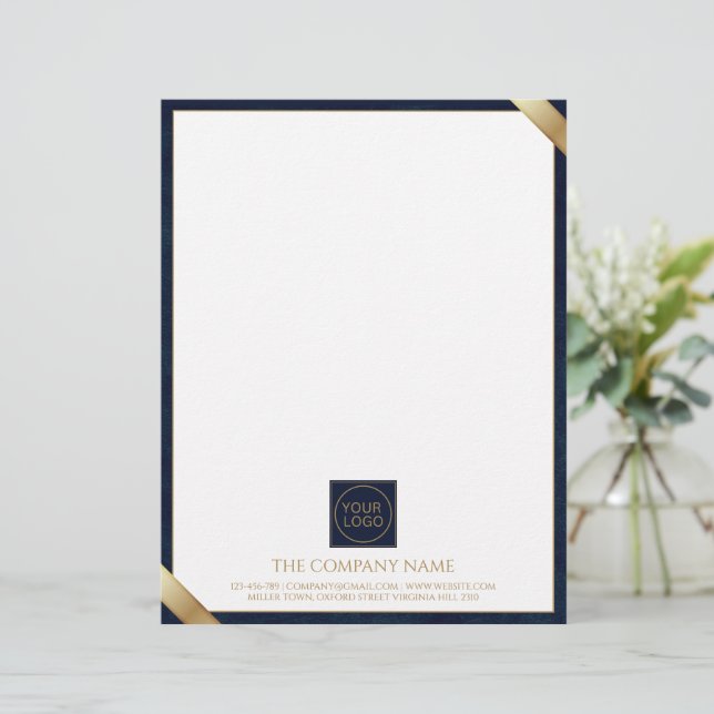 Bedrijf Logo Modern Navy Leather Letterhead Briefhoofd (Staand voorkant)