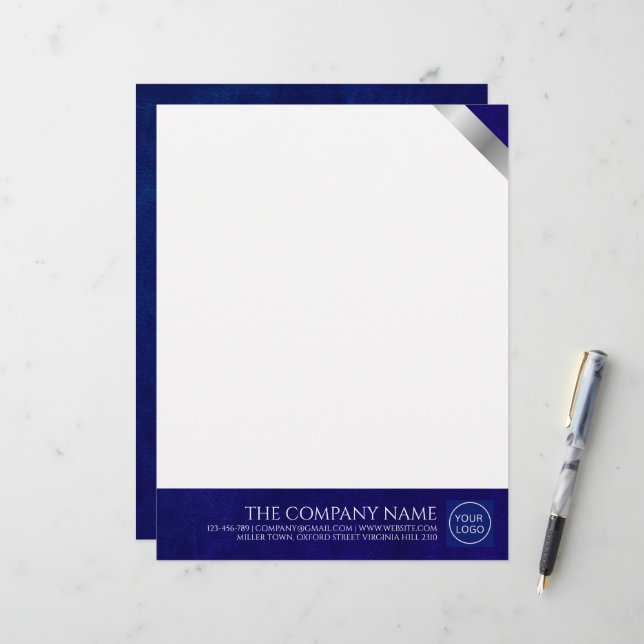 Bedrijf Logo Modern Royal Blue Leather Letterhead Briefhoofd (Voorkant / Achterkant in situ)