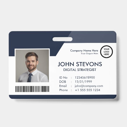 Bedrijf Logo Naam werknemer Navy Blue QR Code Badge (Front)