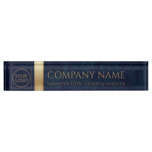 Bedrijf Logo Navy Leather en Golden Custom Naambordje (Voorkant)