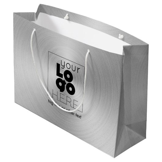 Bedrijf Logo op Modern Radial Brushed Silver Metal Groot Cadeauzakje (Achterkant Gekanteld)