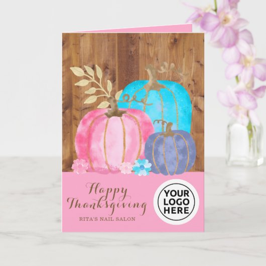 Bedrijf Logo Rustic Roze Thanksgiving Pompoenen Kaart (Orchidee)