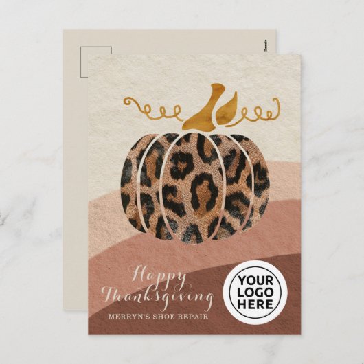 Bedrijf Logo Thanksgiving Boho Leopard Pumpkin Feestdagenkaart (Voorkant / Achterkant)