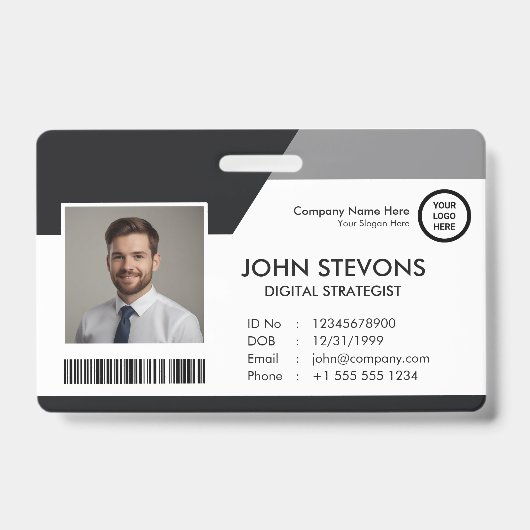 Bedrijf Logo Werknemersnaam Zwart-wit QR-code Badge (Front)