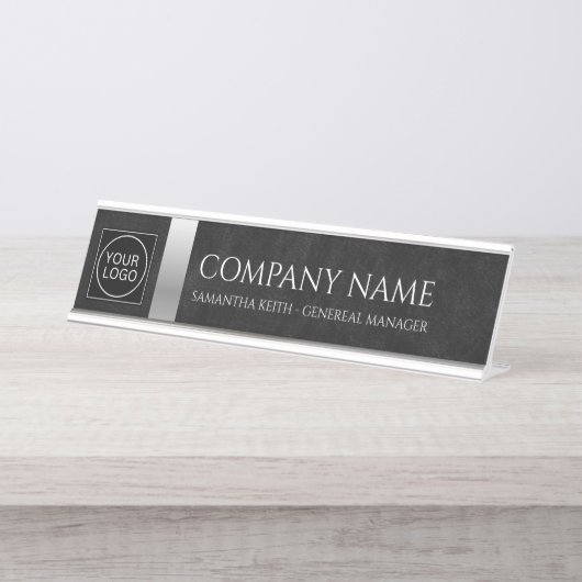 Bedrijf Logo Zwart en Zilver Custom Bureau Naambordje (Voorkant)