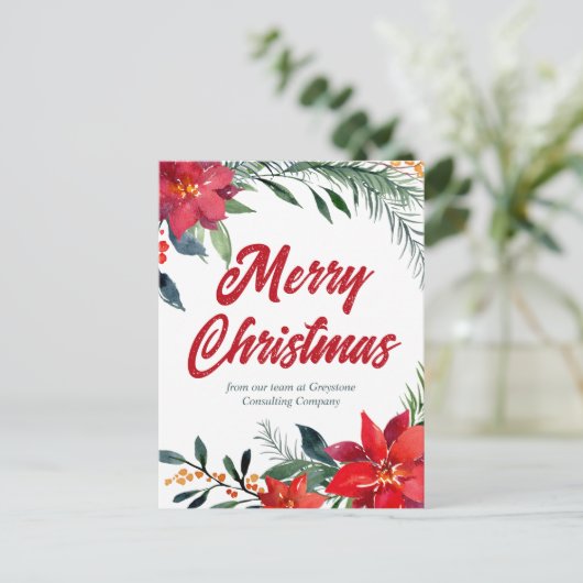Bedrijf met kerst-Poinsettia Floral Custom Holiday Briefkaart (Staand voorkant)