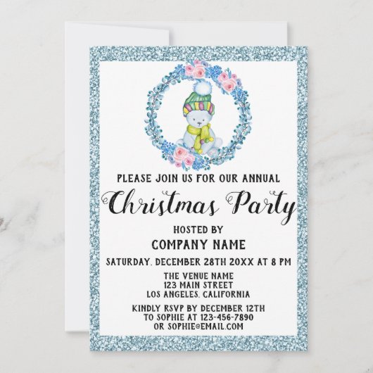 Bedrijf met kerstfeest Light Blue Glitter Wreater Kaart (Voorkant)