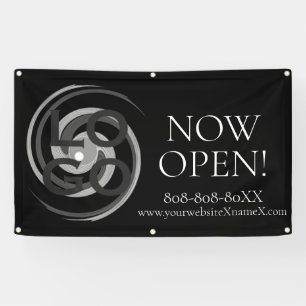 Bedrijf of Business Custom Logo Nu open op zwart Spandoek