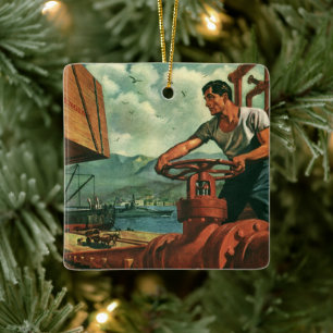 bedrijf, olietanker schip met dokwerker keramisch ornament