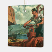  bedrijf, olietanker schip met dokwerker keramisch ornament (Links)