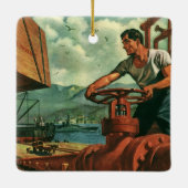  bedrijf, olietanker schip met dokwerker keramisch ornament (Achterkant)