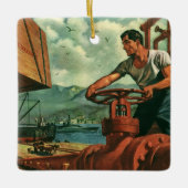  bedrijf, olietanker schip met dokwerker keramisch ornament (Voorkant)