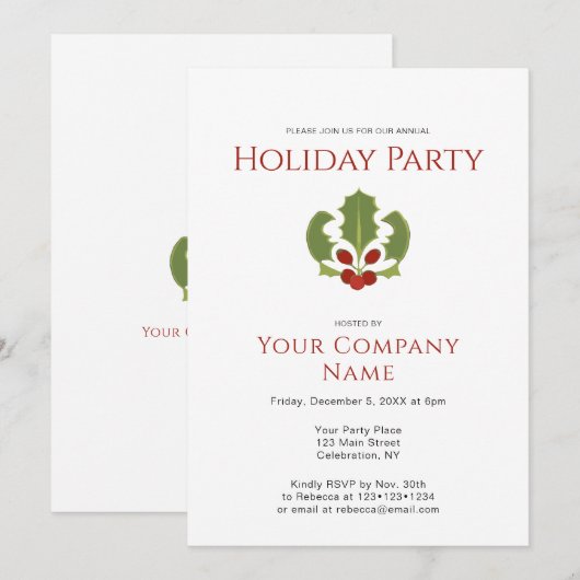 Bedrijf Vakantie Feest Holly Uitnodiging (Voorkant / Achterkant)