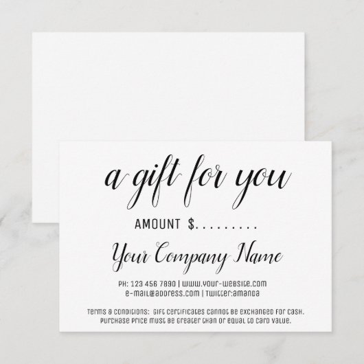 Bedrijfs Cadeaucertificaat eenvoudig Moderne Zwart (Voorkant / Achterkant)