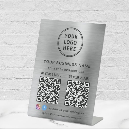 Bedrijfs Logo 2 QR Codes Sociale Media Silver Reclamebord Met Voetstuk