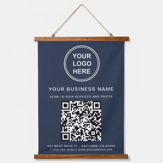 Bedrijfs Logo en QR Code Blauw Hangend Wandkleed (Voorkant)