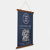 Bedrijfs Logo en QR Code Blauw Hangend Wandkleed (Gebogen)