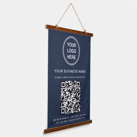 Bedrijfs Logo en QR Code Blauw Hangend Wandkleed (Gebogen)