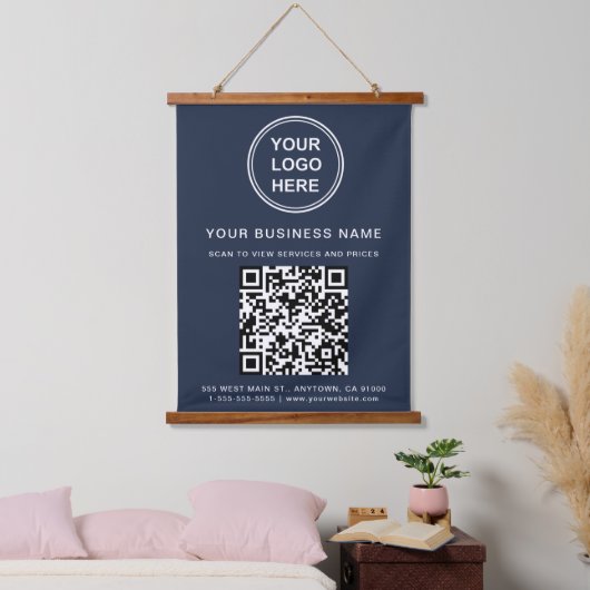 Bedrijfs Logo en QR Code Blauw Hangend Wandkleed (Slaapkamer)