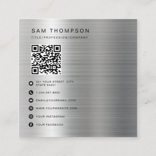 Bedrijfs Logo QR Code Moderne Metallic Silver Contactkaartje (Achterkant)