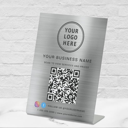 Bedrijfs QR Code Logo Sociale Media Silver Reclamebord Met Voetstuk