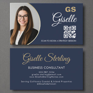 Bedrijfsadviseur Navy Blue Gold Photo QR Code Visitekaartje