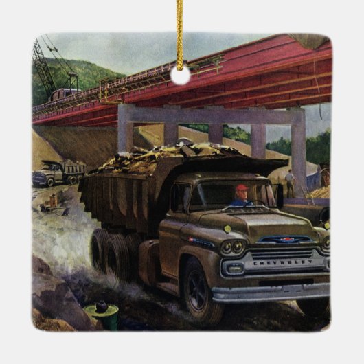  bedrijfsdummyvrachtwagen op een bouwplaats keramisch ornament (Achterkant)