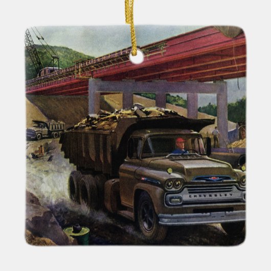  bedrijfsdummyvrachtwagen op een bouwplaats keramisch ornament (Voorkant)