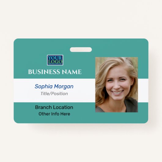 Bedrijfsfoto Naam Logo Info, Blauwgroen & Wit Badge (Voorkant)