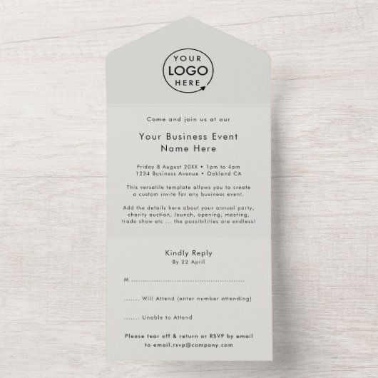 Bedrijfsgebeurtenis | Grijze, minimale Logo RSVP All In One Uitnodiging (Binnen)