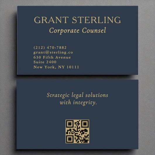 Bedrijfsjurist Navy Blue Gold QR Code Visitekaartje