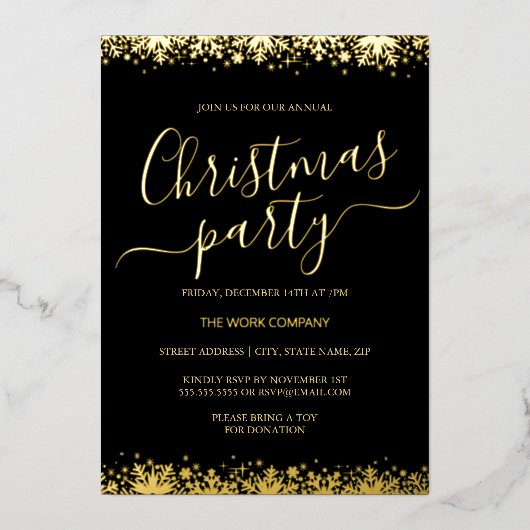 Bedrijfskerstfeest Black Gold Snowflake Folie Uitnodiging (Voorkant)