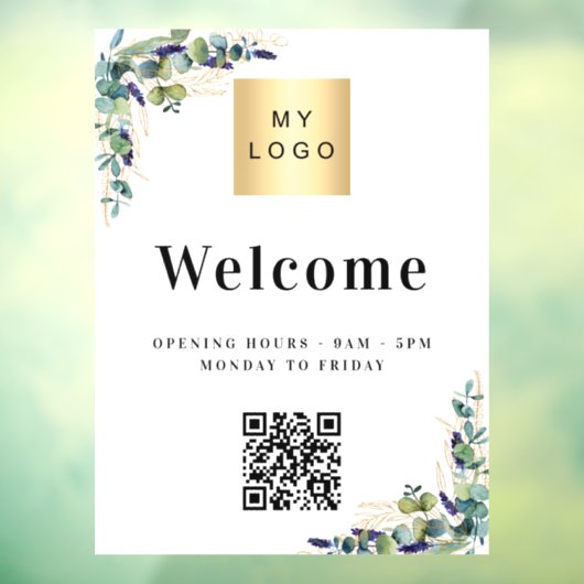 Bedrijfslogo eucalyptus welkom openings QR-code Raamsticker (Vel 3)