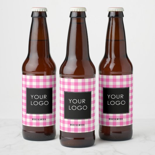 Bedrijfslogo Gingham Corporate Roze Bier Etiket (Flessen)