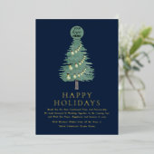 Bedrijfslogo Kerstboom Blauw & Goud Schrift Folie Feestdagenkaart (Staand Voorkant)