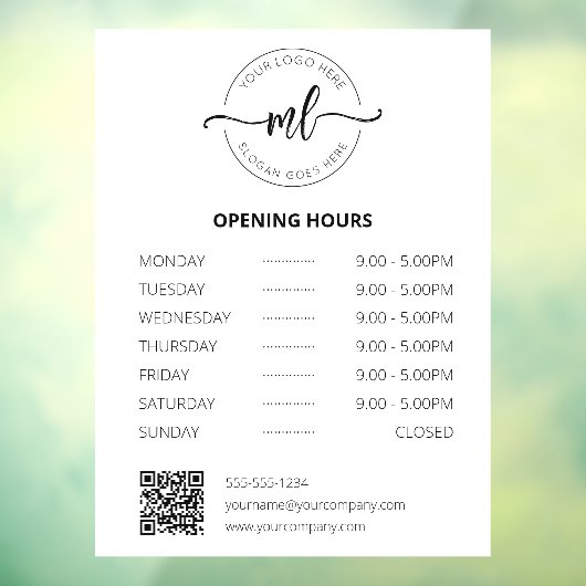 Bedrijfslogo Professioneel Monogram Openingstijden Raamsticker (Vel 3)